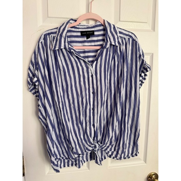 Lane Bryant Tops - Lane Bryant Women 14 Blue White Striped Button Down Tie Front Short Sleeve Shirt